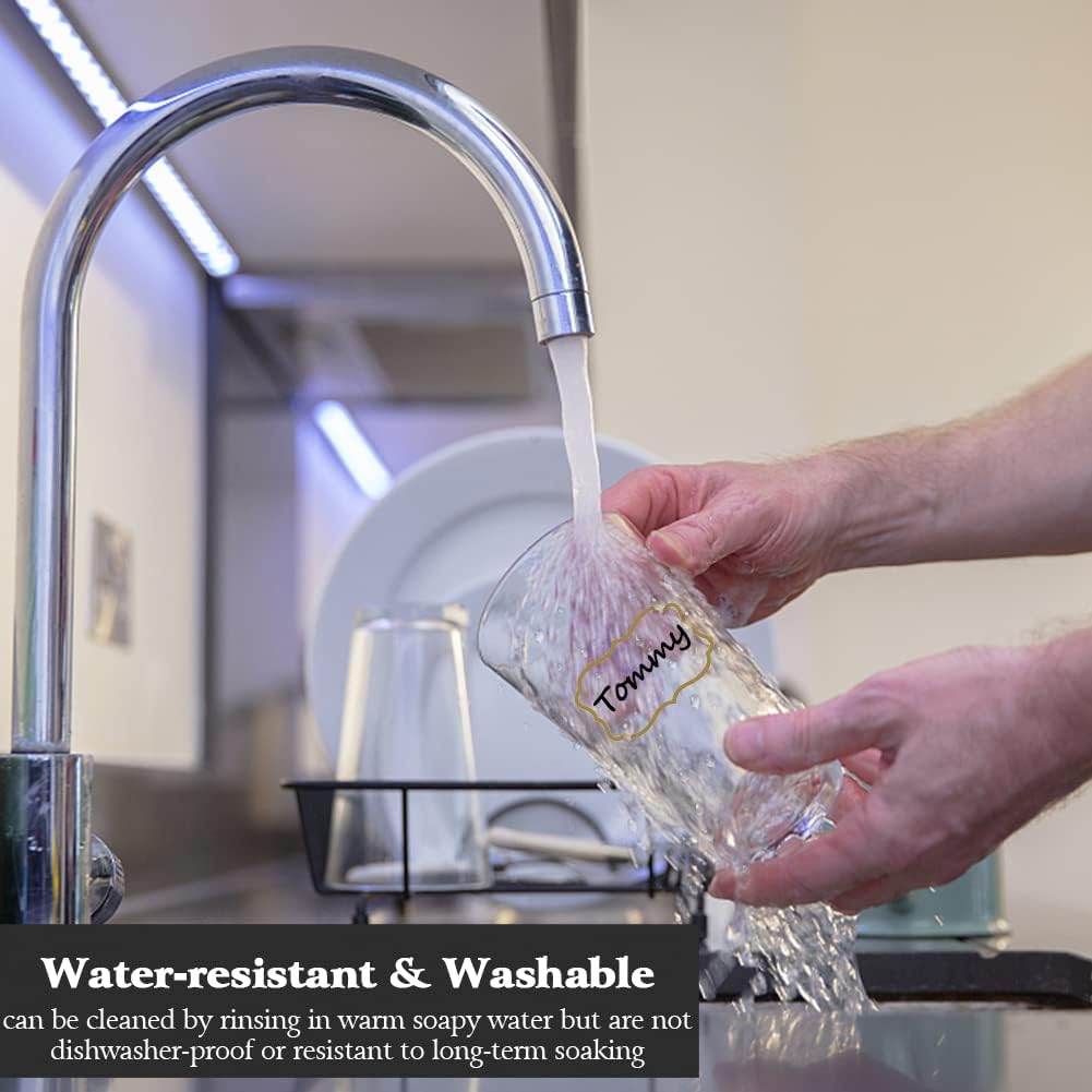 Kitchen Pantry Food Containers Clear Labels with Gold Border, 93 Waterproof Removable Write-on Sticker Labels Tags to Organize Spice Jars Condiment Flour Sugar Canisters Storage Bins, Free 2 Markers