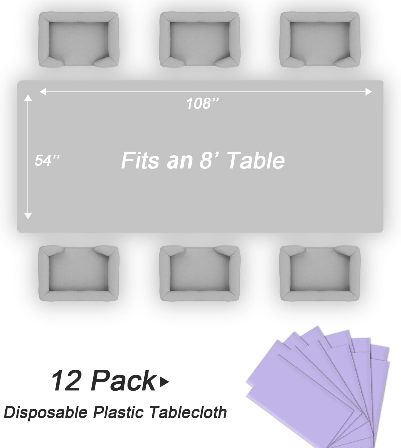 QIKSION Plastic Table Cloth Disposable 12 Pack, 54 x 108 Inch Tablecloths for Rectangle Tables, Lavender Plastic Table Cover