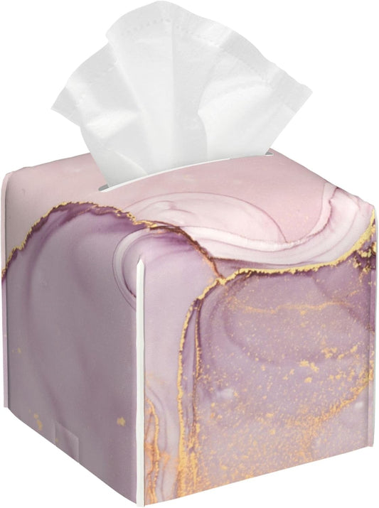 Tissue Box Cover Square, Pink Golden Liquid Marble Leather Tissue Box Holder Decorative Organizer for Bathroom, Home Office Car Decor