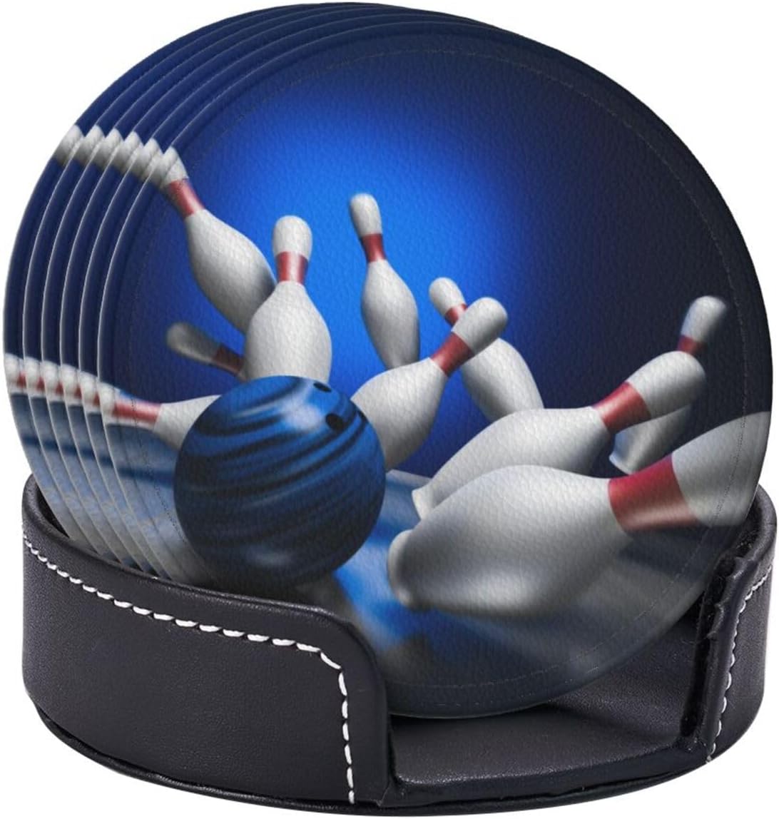 Fun Bowling Ball Sport Coasters for Drinks Round Leather Coaster with Holder Set of 6 for Tabletop Protection Desk Accessories Office Home Room Decor