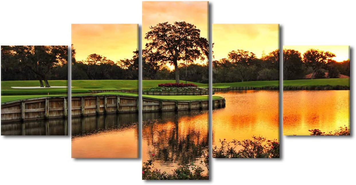 American Florida Wall Art TPC Sawgrass Golf Course Photos Large Golf Course Field Poster Prints Canvas 5 Panels Wall Art for Living Room Home Bedroom Office Wall Decor Framed Ready to Hang - 60"Wx32"H