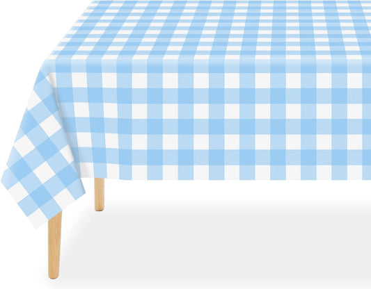 QIKSION Blue Gingham Tablecloth Disposable 12 Pack, 54 x 108 Inch Blue and White Checkered Table Cloth for Rectangle Tables, Plastic Table Cover