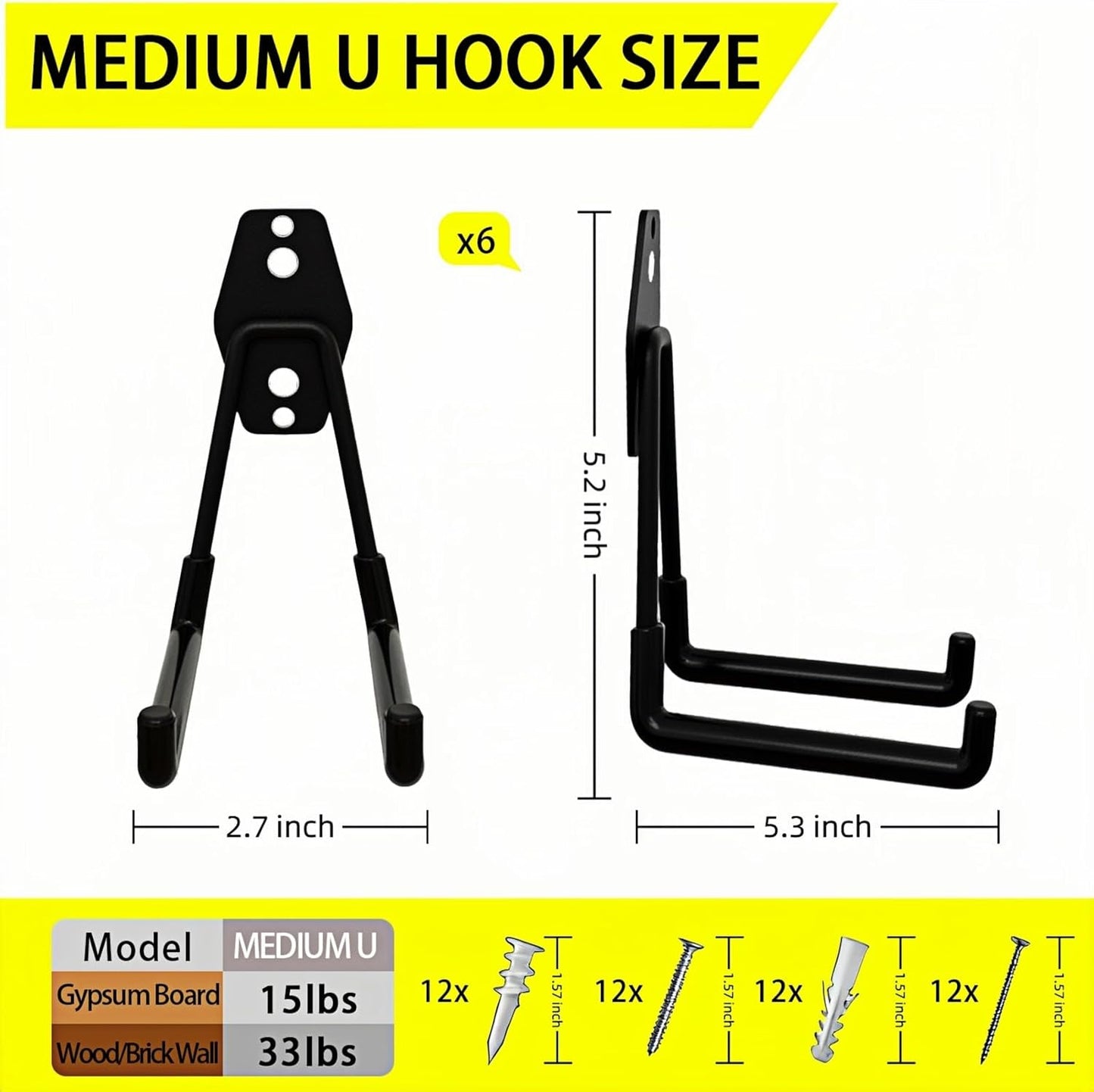 6 Pack Garage Hooks Heavy Duty with Anti-Slip Coating, Steel Utility Ladder Hooks for Hanging Garden Tools, Hoses, Ropes, Bikes and More (5.3in)