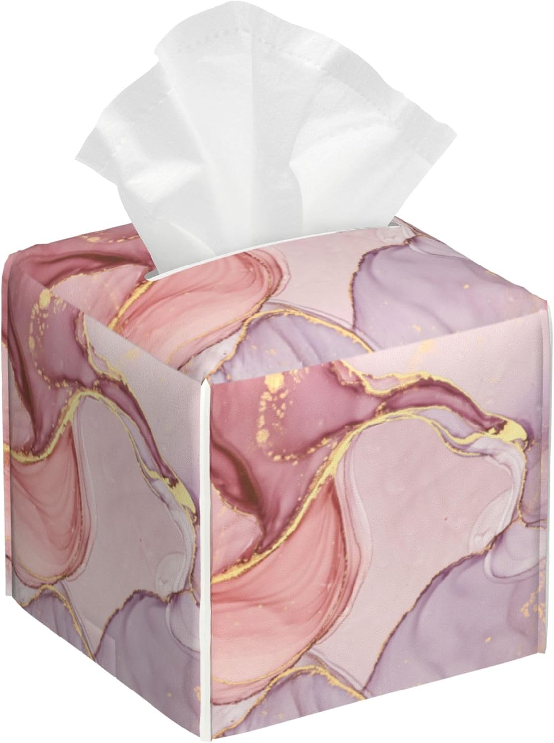 Pink Gold Liquid Marble Tissue Box Cover Square,Modern Marble Texture Tissue Box Holder Waterproof Leather Facial Paper Organizer Dispenser for Bathroom Home Car Nightstand Vanity Desk