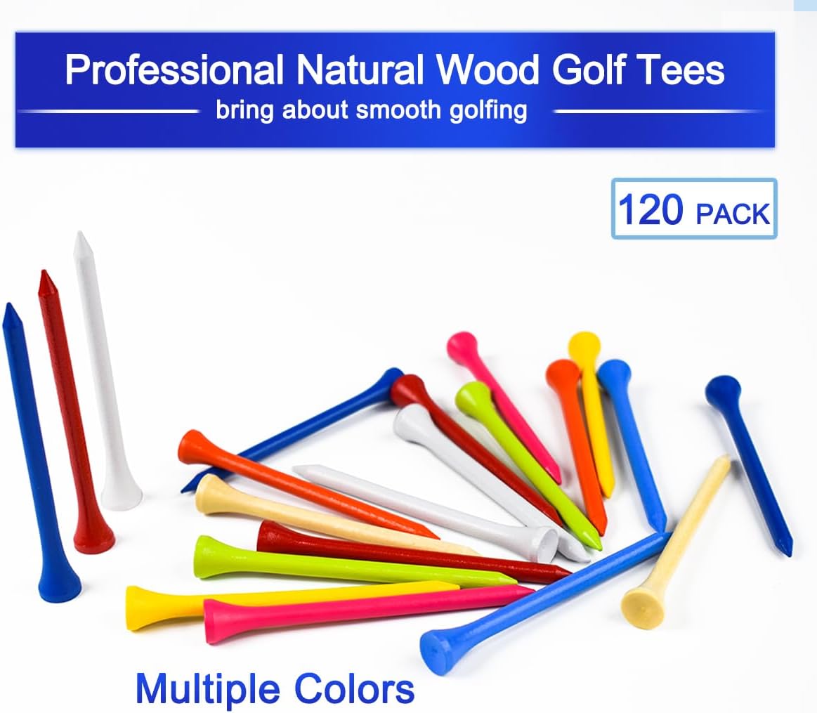 Golf Tees Professional Durable Natrual Wooden Golf Tees 3-1/4" -Pack of 120 Bulk, Multiple Colors Mix of Colours,Biodegradable Wood Golf Tees,Reduce Friction Side Spin More Stable 3-1/4 inch