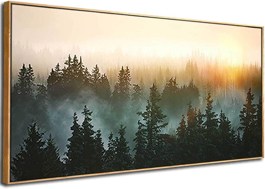 YJYart Large Foggy Forest Canvas Wall Art Landscape Mountain Painting 30x60 Inch Framed Wall Art for Bedroom Living Room Kitchen Office