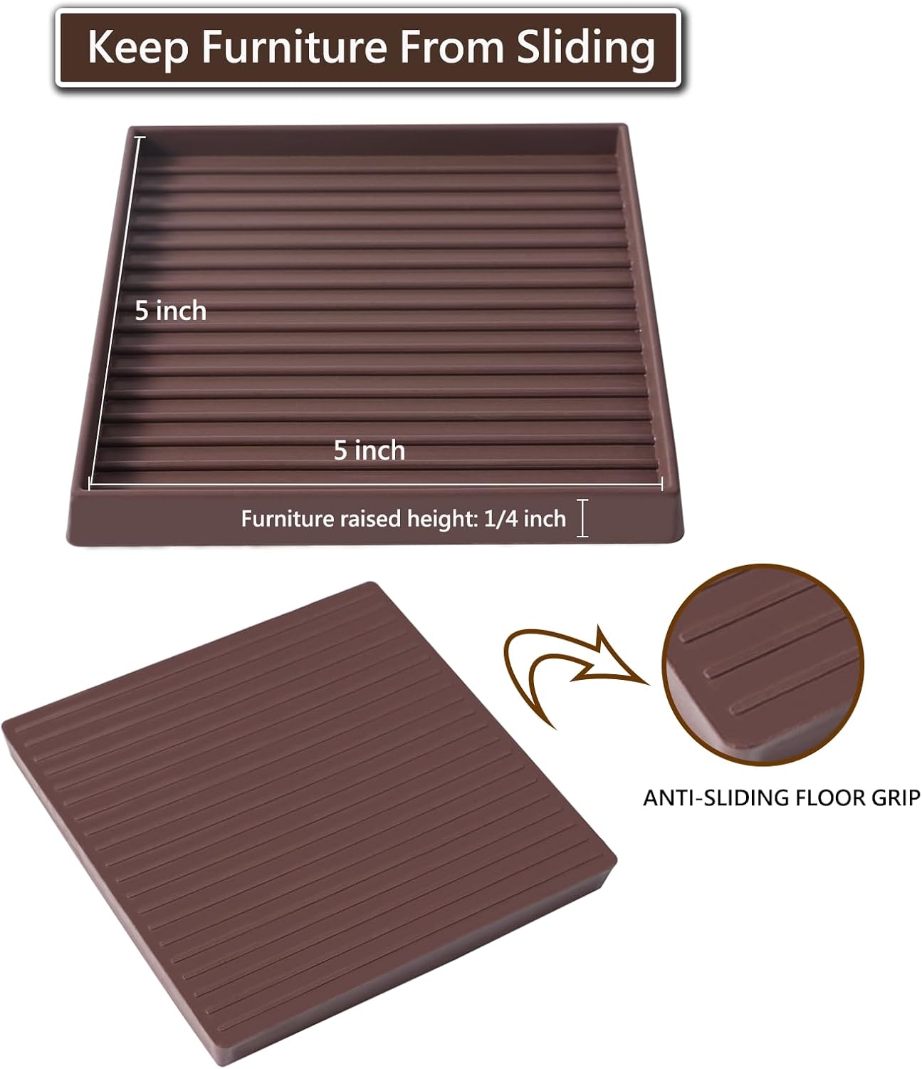 5x5 Square Rubber Furniture Caster Cups, Anti-Sliding Furniture Pads Bed Stopper Floor Protectors with Grip - Protect Any Flooring