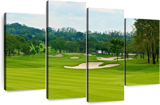 Elephant Stock Beautiful Golf Course Wall Art - Horizontal Canvas - 4-Piece Living Room Wall Decor - Tree Photography Canvas Print - Green and Blue Decor for Wall - 52" X 32"