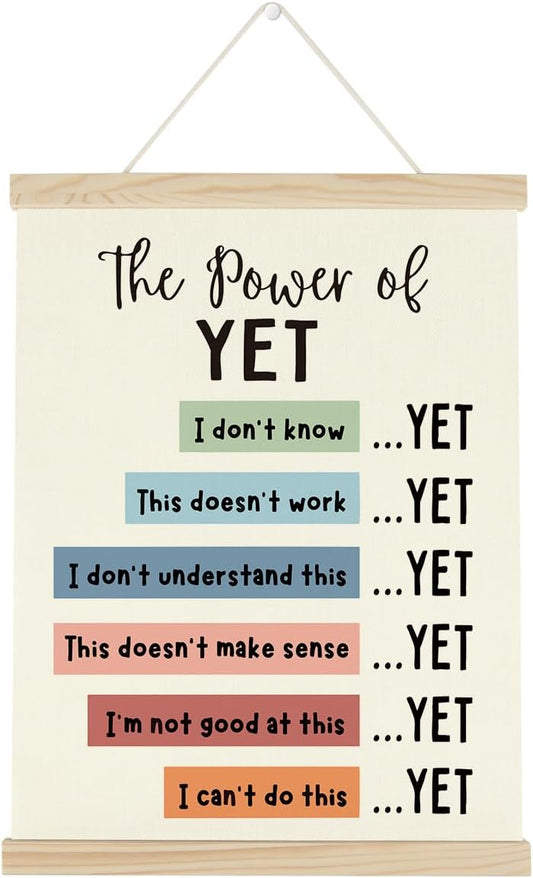 WINGTECA Motivational Decor Mental Health Poster Boho Hanger Frame Classroom The Power of Yet Colorful Wall Hanging Banner Decor for Classroom Office Kids Room 12x16Inch