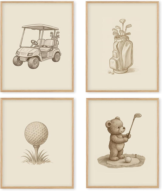 Boat Wades Vintage Bear Golfing Wall Art Prints Set of 4, Golf Nursery Decor, Retro Golf Cart Bag Bear Golfer Posters Pictures Wall Decor for Home Office Kids Room Playroom, 8x10 Unframed