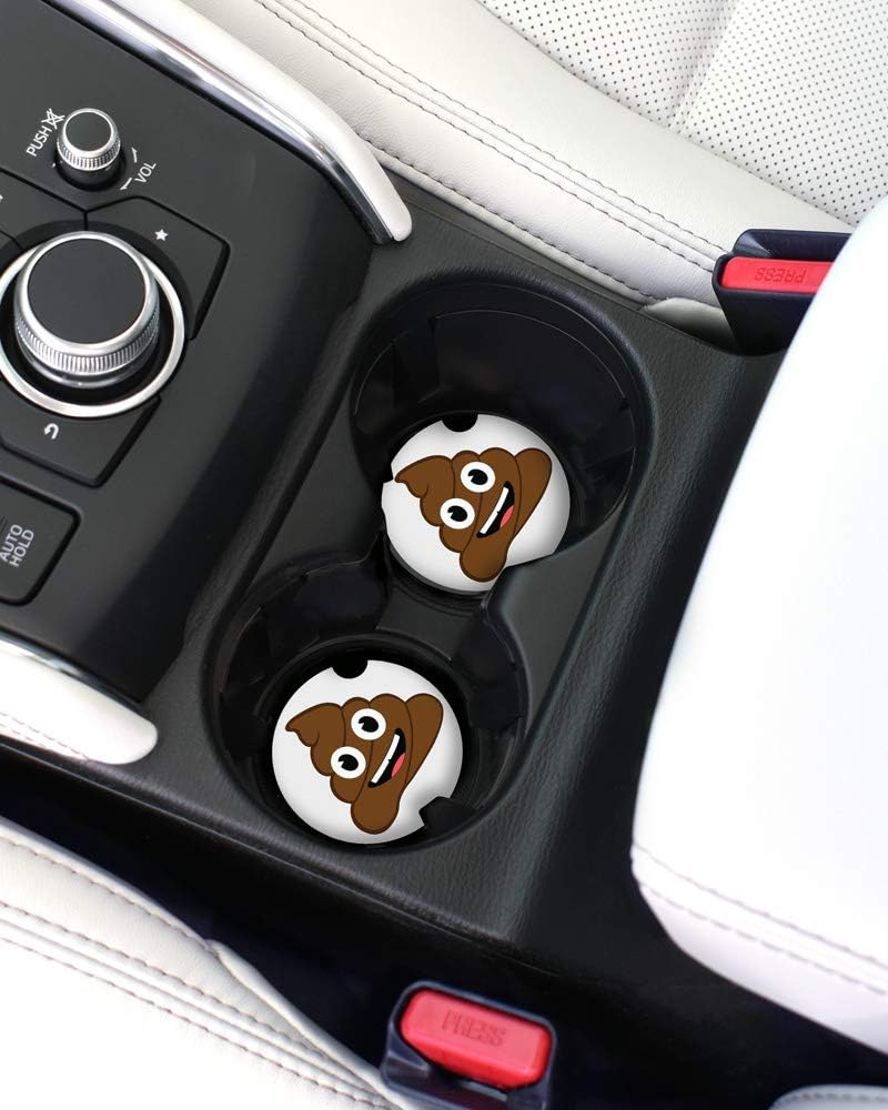 Elektroplate Funny Poop Smiley Face Automotive Ceramic Coasters (2.6" Diameter) | Universal Fit for All Cars, Trucks, SUVs, and More | Absorbent Non-Slip Durable | Set of 2