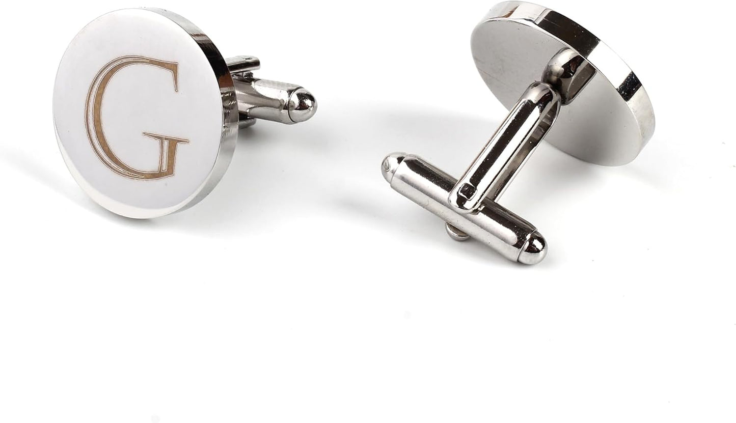 Mens Initial Silver Cufflinks A-Z Alphabet Letter Steel Cuff Links with Engraved Walnut Wood Box Groom Groomsman Wedding Set…