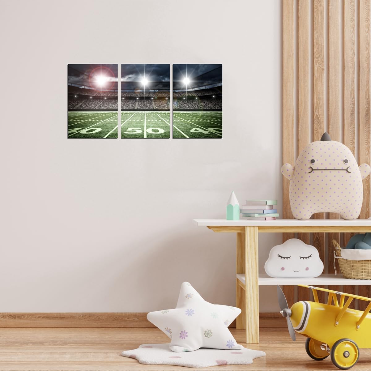 TAOMI Rugby Field Match Sport Spot Light Canvas Wall Art for Kids Room Dorm 3 Pieces Modern Artwork American Football Boy Bedroom Decor Gym Game Wall Décor Frame 12x16inch
