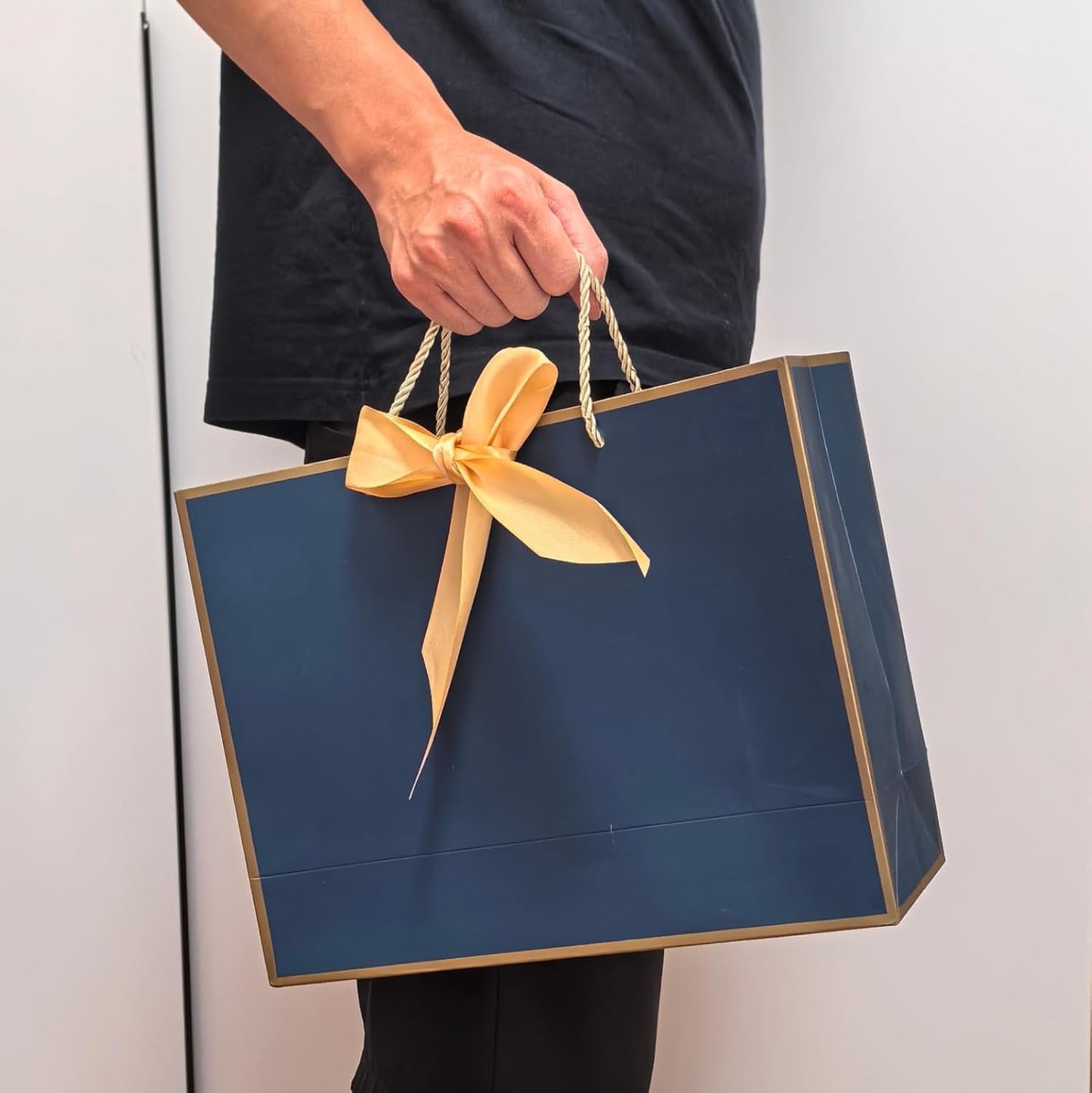 TKSBAG 12PCS Gift Bags Medium Size with Handles, 12.5 x 9.8 x 4.3 In Navy Blue Thank You Bags with Bow Ribbon for Wedding, Birthday, bridesmaid, Groomsmen, Party Favors, Thanksgiving, Christmas