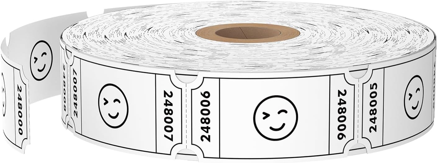 Methdic 1000 Smile Raffle Tickets White, Single Roll, Ticket for Events, Entry, Class Reward, Fundraiser & Prizes
