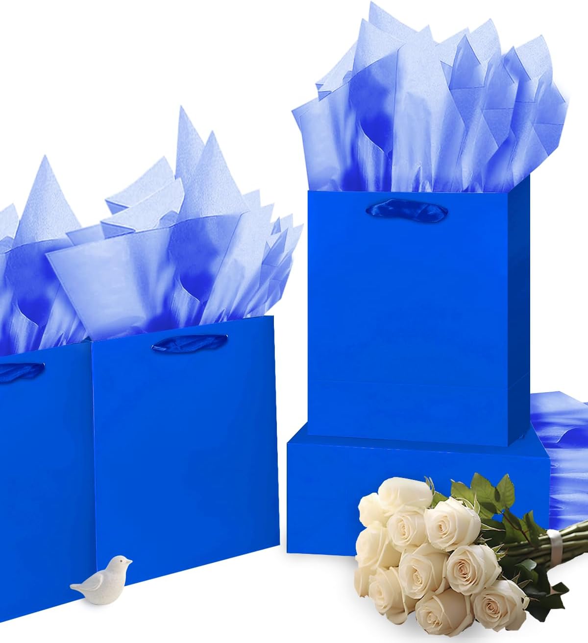 Gcardist Dark Blue Gift Bags with Tissue Paper for Wedding, Birthday, Party Supplies-7.9"x4.3"x9.6" Medium Size Cardboard Gift Bags（5pcs Bags +10pcs Tissue Paper ）