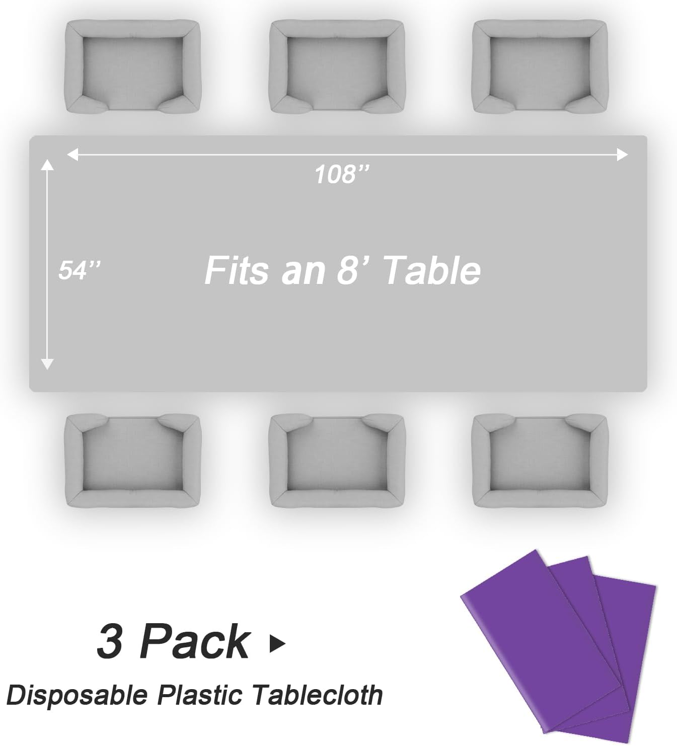 QIKSION Plastic Table Cloth Disposable 3 Pack, 54 x 108 Inch Tablecloths for Rectangle Tables, Purple Plastic Table Cover