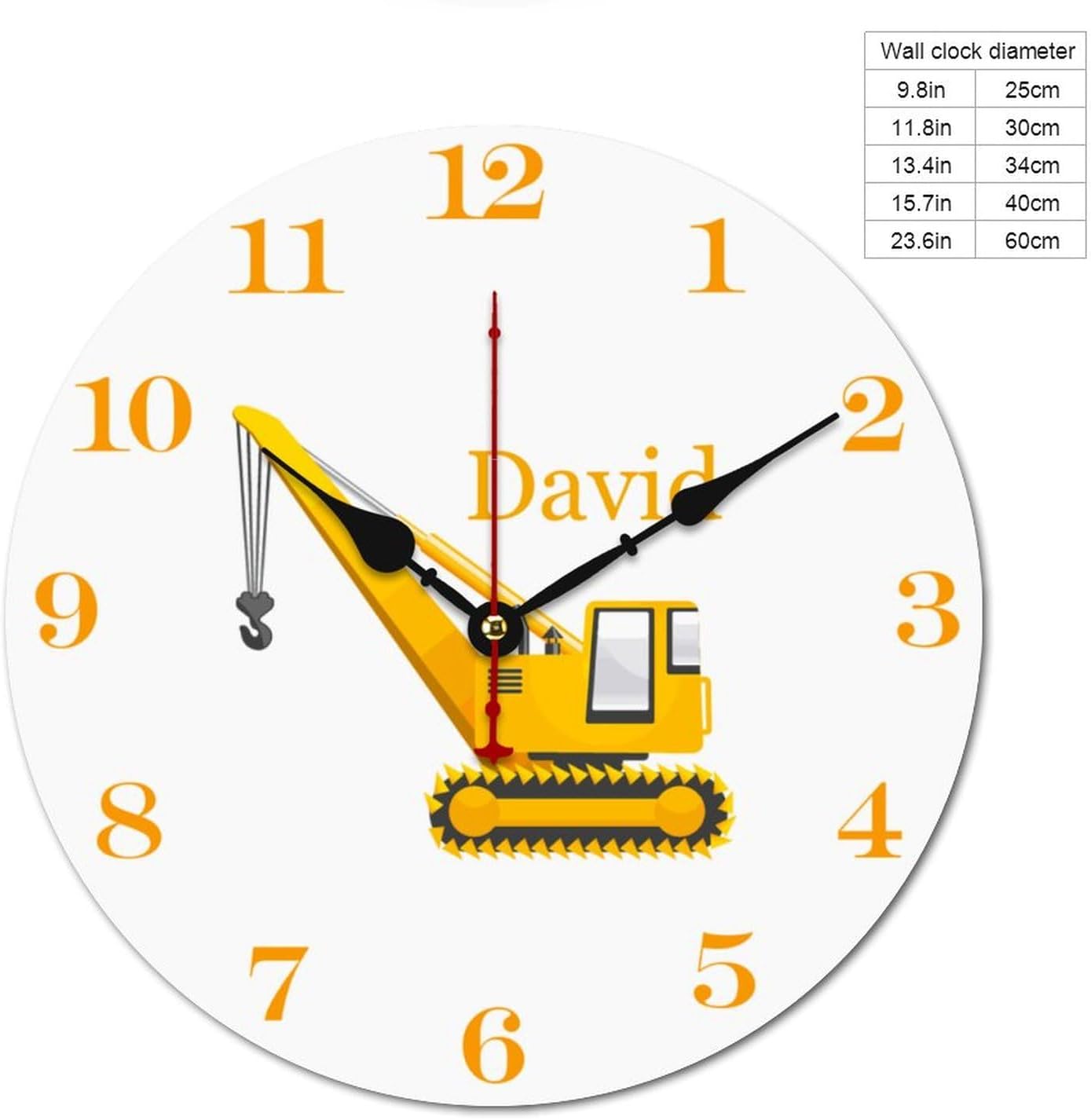 Personalized Crane Truck Kids Wood Wall Clocks Rustic Battery Operated 10 inch Non Ticking Engineering Vehicle Wall Clock for Kids Rooms Boys Girls,Nursery Wall Clock,Custom Kids Clock with Name