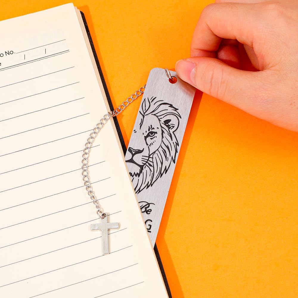 Metal Bookmark Man of God, Silver Inspirational Lion and Wolf Verse Book Mark with Cross Pendant, Religious Scripture Bookmark Accessories for Men Church Baptism Gifts (2PCS)