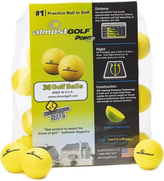 Practice Golf Balls for Golf Training. Made by AlmostGolf. Feel Solid Contact for Great Feedback. Limited Flight for Backyard use. Safe for Indoors. A Golfer Must Have (36 Pack Yellow with 5 Tees)