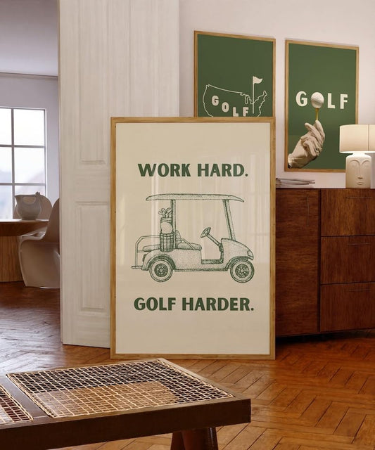 Work Hard Golf Harder Print, Golf Cart Wall Art, Golf Course Poster, Trendy Sports Decor, Green Golf Prints, Unique Gifts for Golfers, Gift for Him, Modern Home Art (Unframed) (24x36)