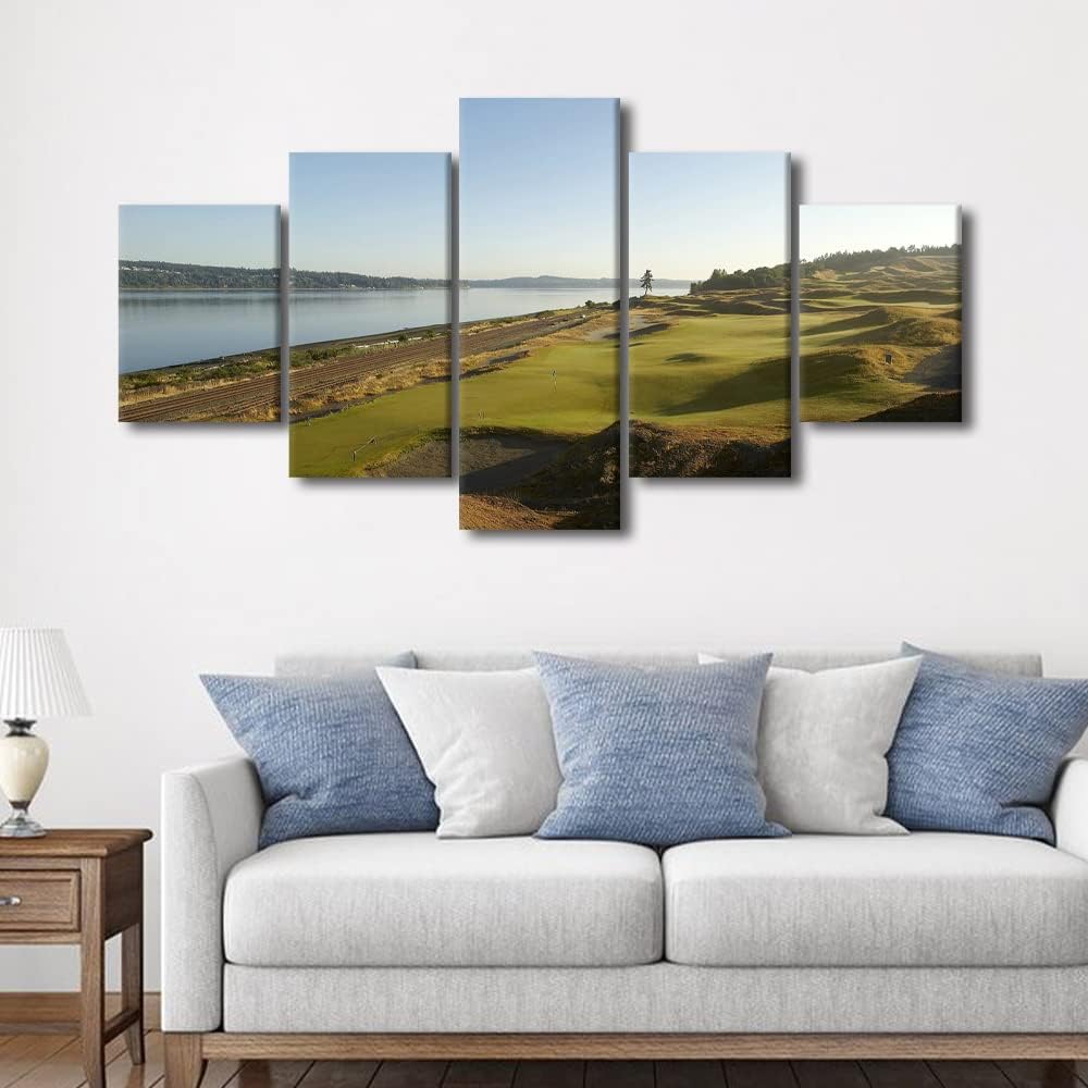 Large Family Decor Wall Art American Golf Course Canvas Painting Posters Wall Decor 5 Piece Golf Course Prints Nature Landscape Modern Artwork for Living Room Office Framed Ready to Hang - 60"W x 32"H