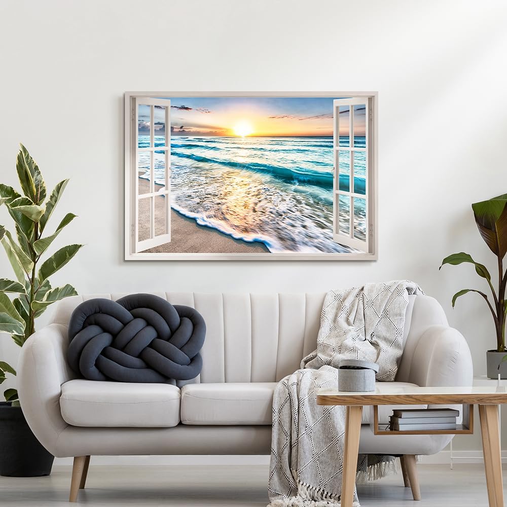 beach canvas window wall art: beach picture coastal artwork seascape ocean scene prints - looking out fake window wall decor for bedroom 45"x30"