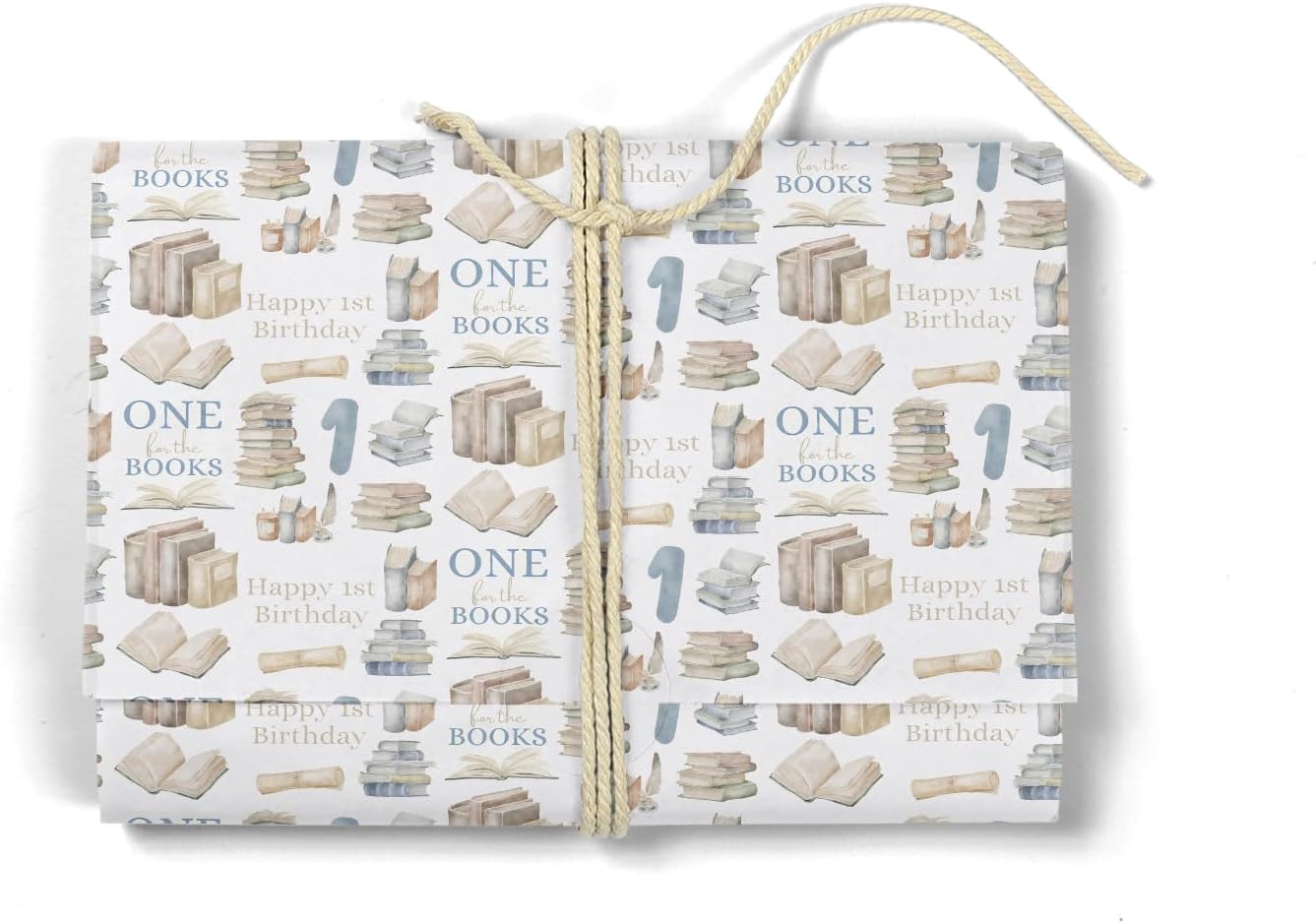 MJSXY Book Themed Party Decorations,1st Birthday Wrapping Paper,5 Sheets 19.6x27.5 Inch Wrapping Paper with Cute Books for Boy Girl First Birthday, Baby Shower Gifts