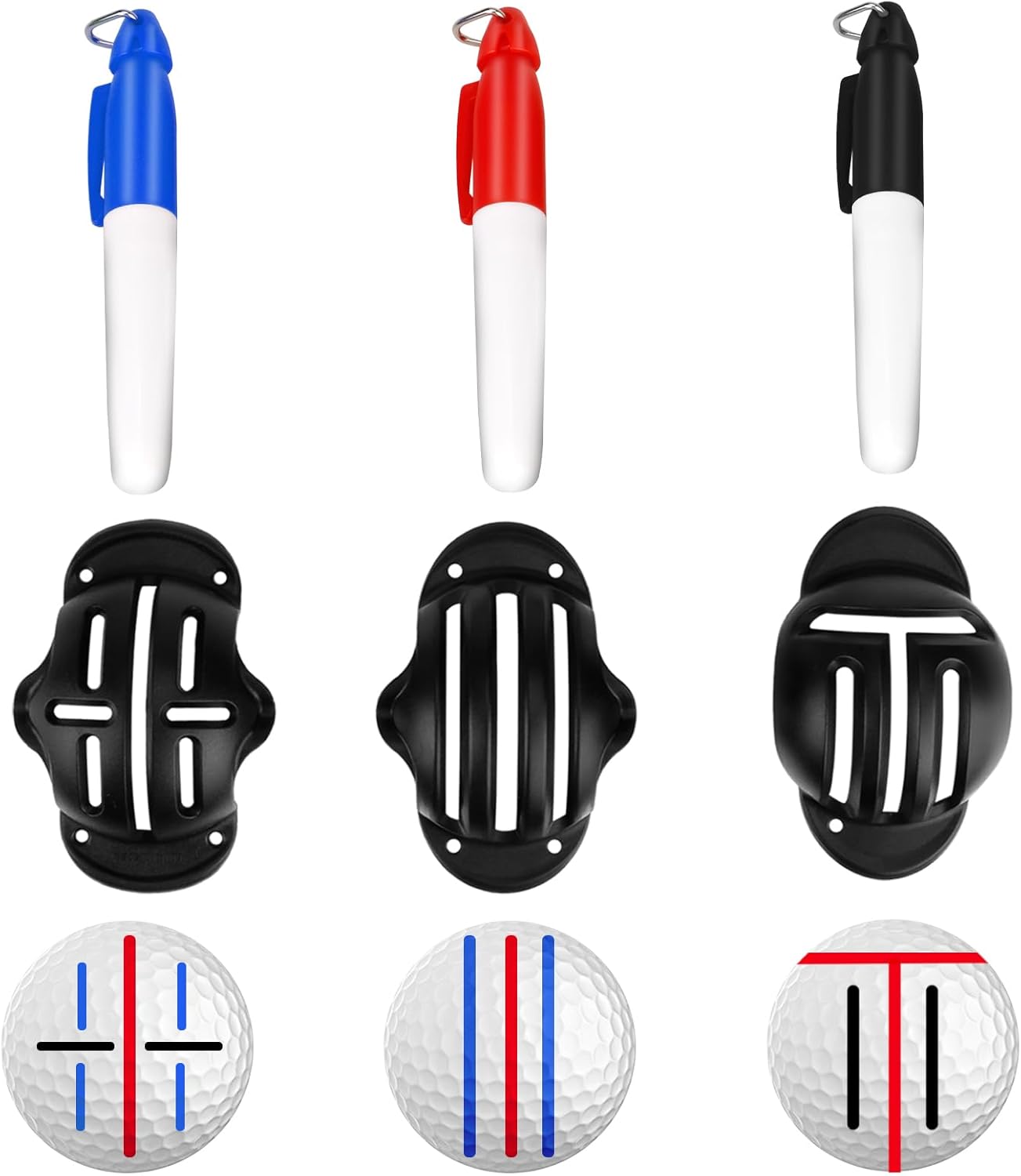 Golf Ball Line Marker Tool, 3 Golf Ball Marker Stencil and 3 Color Golf Ball Line Marker, Golf Ball Alignment Marking Tool, Golf Ball Stencil with Compact Case Easy to Carry Golf Ball Marker