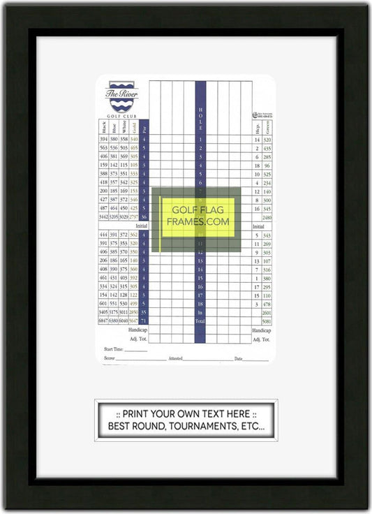 Custom Size Golf Scorecard Frame; Black Wood Frame 416, You choose Scorecard Size and Mat Color; scorecard and verbiage not included (Scorecard Size 5x8V, Mat Color White)