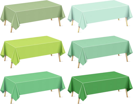 6 Pieces Green Series Rectangle Tablecloth, 54x72 Solid Color Waterproof & Spillproof Disposable Plastic Table Cover, Durable Party Tablecloth for Dining, Buffet, Picnic, Outdoor Events