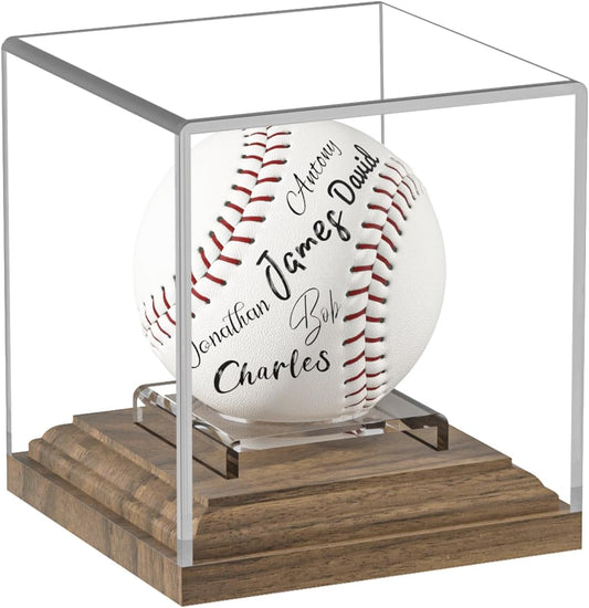Baseball Case Display for Balls Walnut Wood Base Acrylic Baseball Display Case Baseball Holder Stand Cube Memorabilia Showcase Autograph Ball Protector for Official Size Ball Display