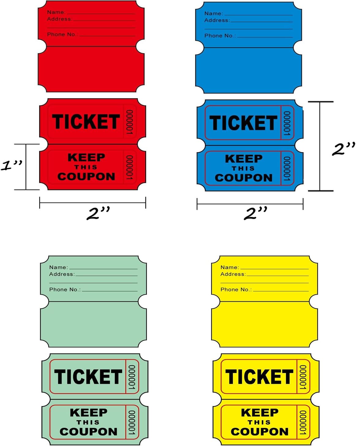 Yuanhe Raffle Tickets Double Roll - 8000 Total 50/50 Raffle Tickets for Events, Entry, Class Reward, Fundraiser, Carnivals, Door Prizes, Color Red Yellow Blue and Green