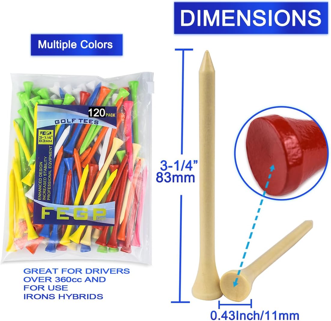 Golf Tees Professional Durable Natrual Wooden Golf Tees 3-1/4" -Pack of 120 Bulk, Multiple Colors Mix of Colours,Biodegradable Wood Golf Tees,Reduce Friction Side Spin More Stable 3-1/4 inch