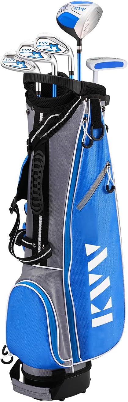 KVV Junior Complete Golf Club Set for Kids/Children Right Hand, Includes Oversize Driver, Irons, Putter, Head Cover, Portable Golf Stand Bag