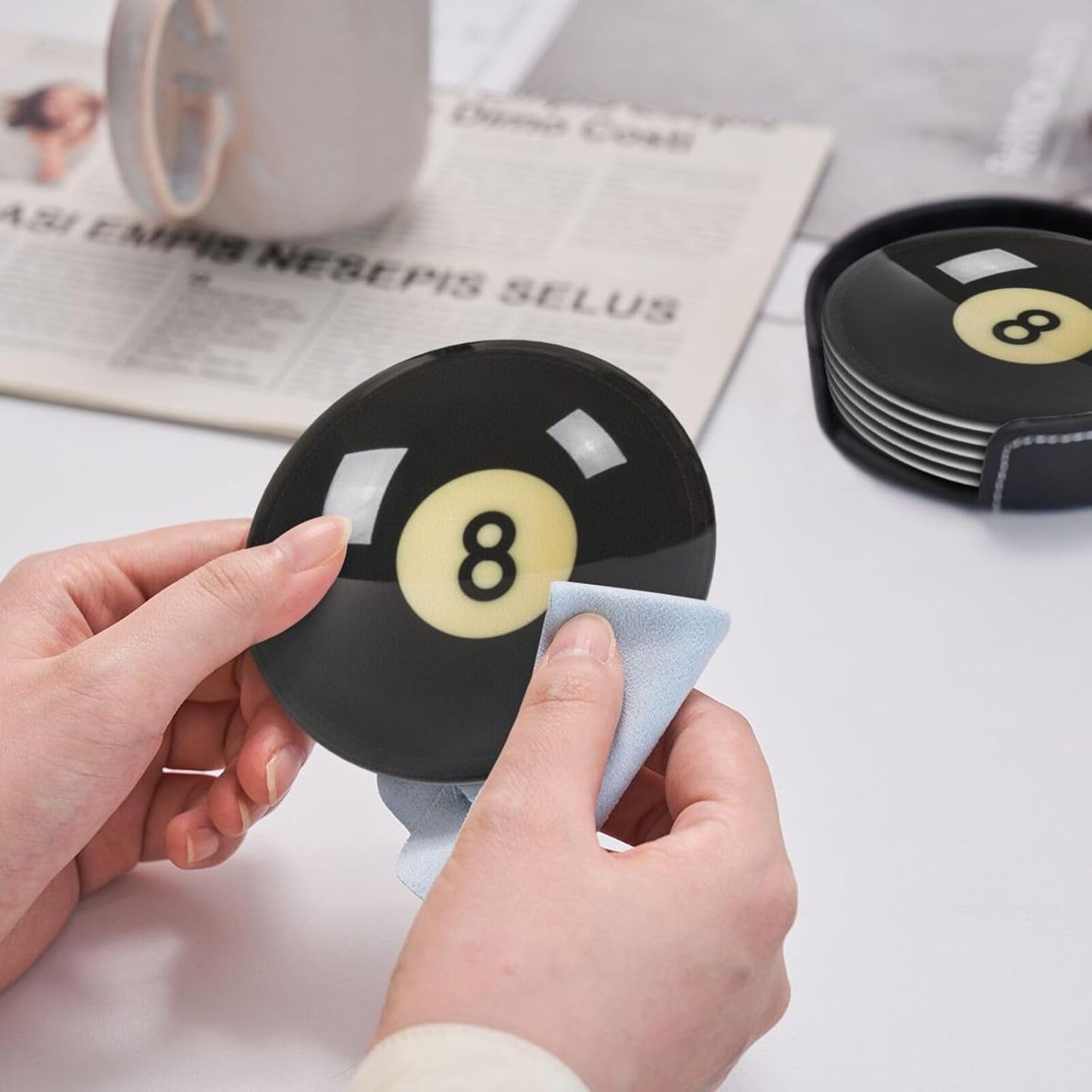 6 Pcs Black 8 Billiards Drink Coasters with Holder Coasters for Drinks Coffee Table Home Decor Housewarming Gift