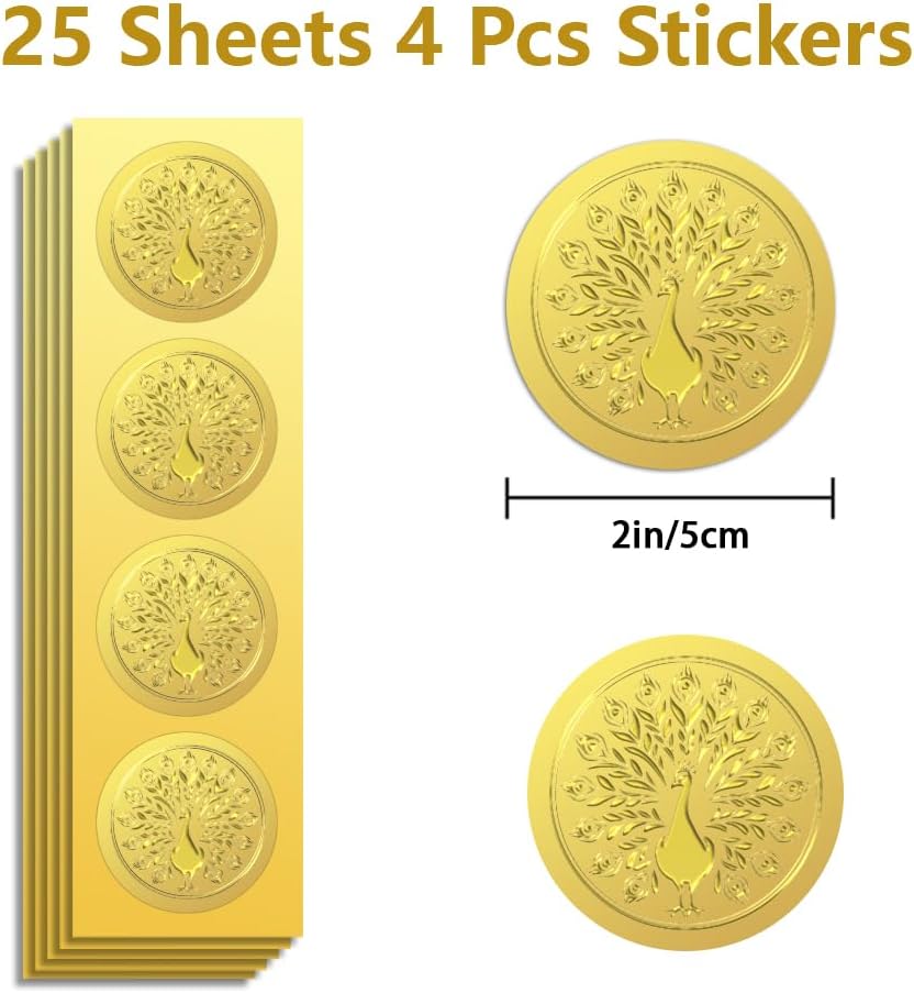 Peacoblue Gold Foil Stickers Seals Embossed 2 Inch 100Pcs Peacock, Self Adhesive Gold Around Embossing Sticker for Envelope Seal Party Invitation Gift Card Present Decoration Certificate Paper