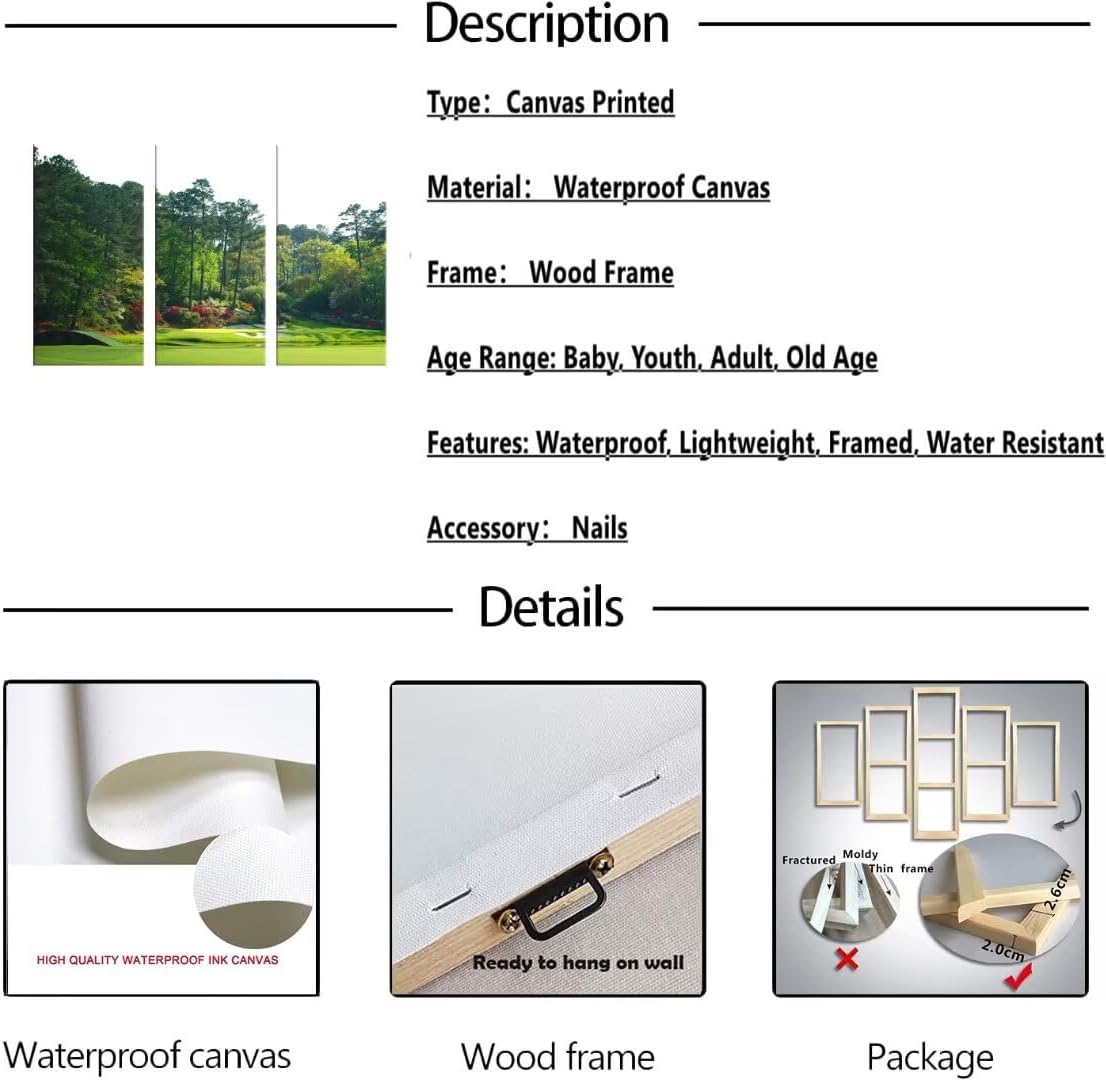 Augusta National Golf Course Wall Art for Living Room Bedroom Home Decoraitons USA Golf Course Pictures Posters Framed Artwork Canvas Prints Ready to Hang(20''W x 40''H x3)