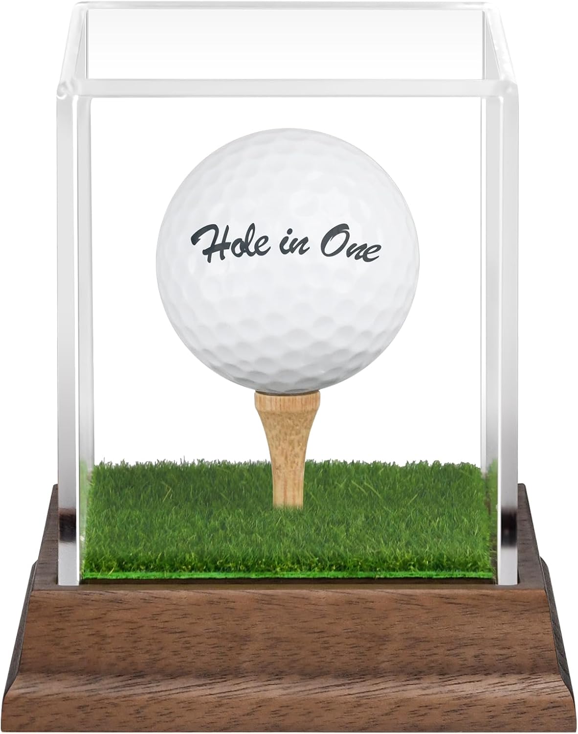 Golf Ball Display Case Hole in One Golf Ball Display Case Holder Wanult Wood Base Acrylic Golf Ball Holder Stand Lifelike Turf Wood Tee Memorabilia Showcase Square Cube Box Stand Golf Gifts Decor