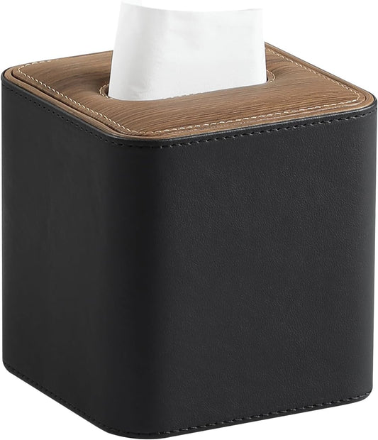 Tissue Box Cover Square, Modern PU Leather Tissue Holder with Magnetic Closure for Bathroom NightStands, Decorative Square Tissue Box Holder (Black)