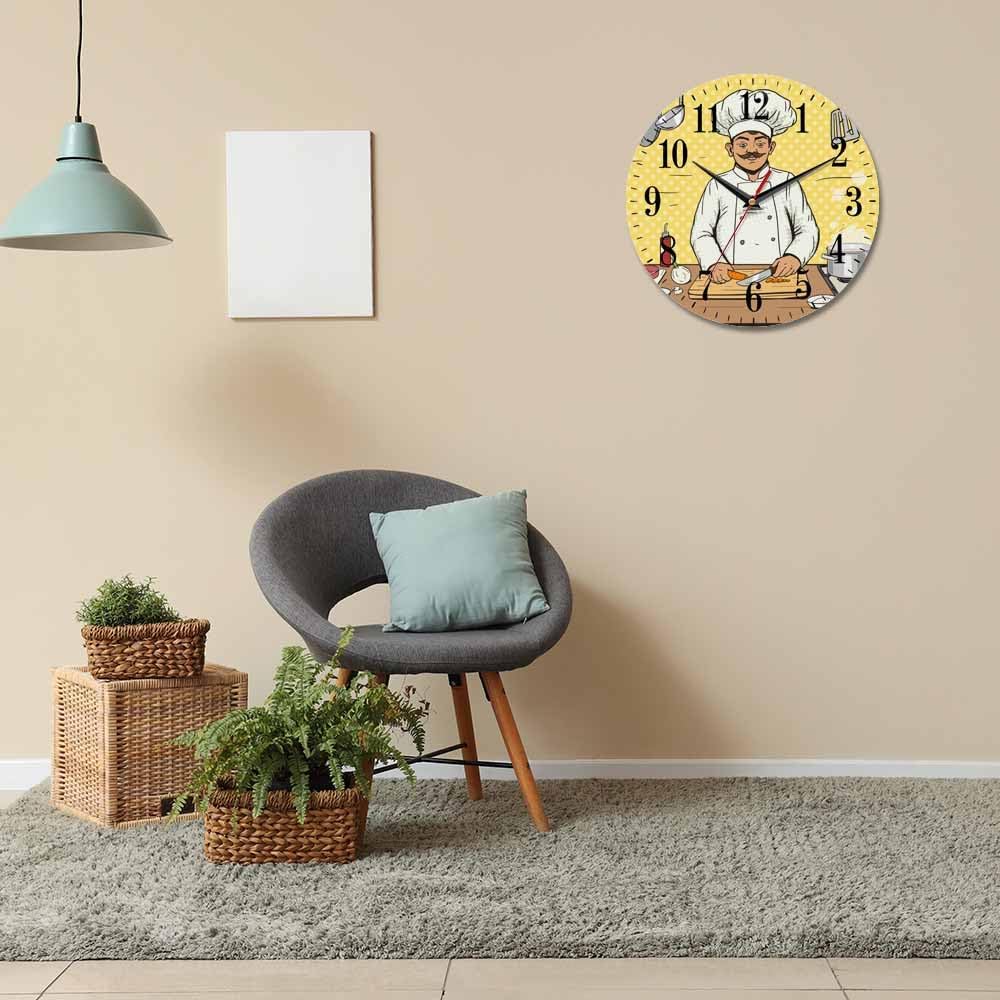 Mxocom Comic Chef Cooks Wall Clock Food Pop Kitchen Art Style 10 Inch Silent Non Ticking Battery Operated Clock Vintage Round Clock for Living Room Bedroom Bathroom Office Decor