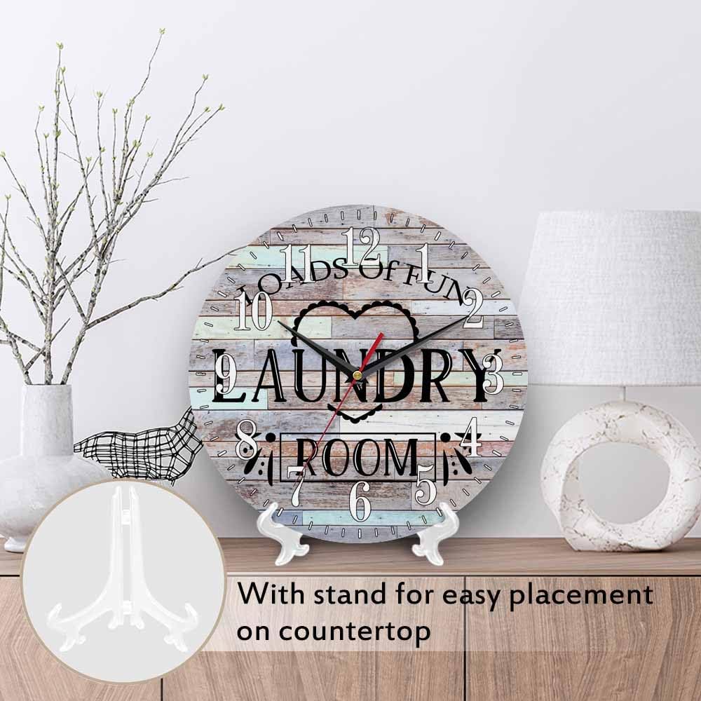 Mxocom Laundry Room Wall Clock Colored Wooden Boards Simple 10 Inch Silent Non Ticking Battery Operated Clock Vintage Round Clock for Living Room Bedroom Bathroom Office Decor