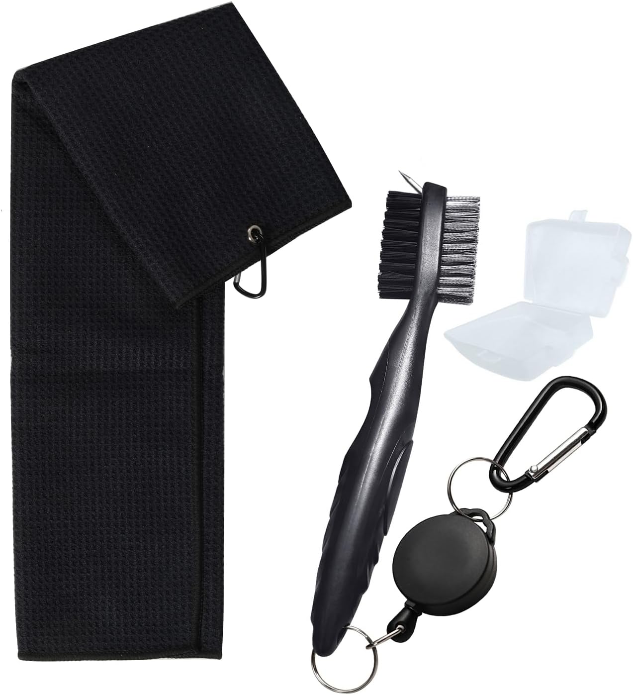 Golf Towels, Golf Towel and Brush Set, with Microfiber Waffle Design Golf Towel 16" X 24" with Hook and Loop Fastenerl and Retractable Zip-line Golf Club Brush (Black)