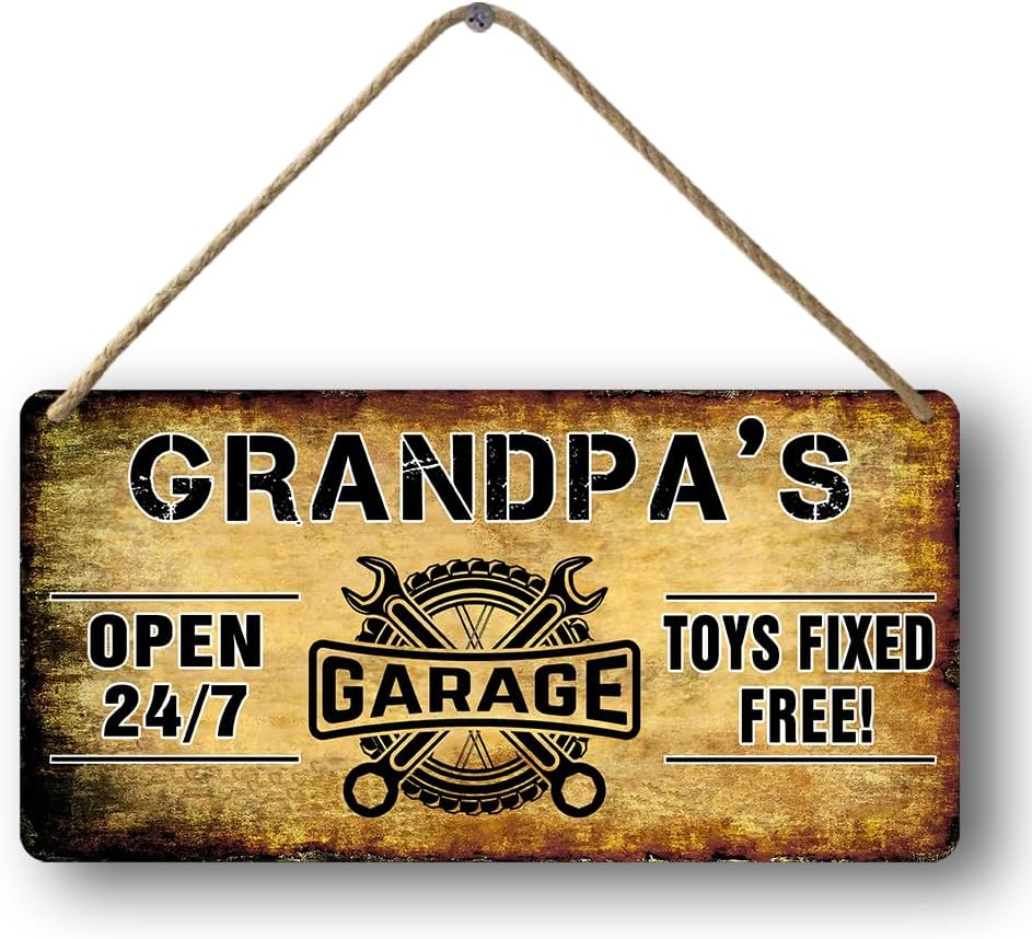 Grandpa's Garage Wooden Sign - Papa's Fix It Shop Vintage Mechanic Sign - Toys Fixed For Free - Woodworking Gift for Grandpa - 6x12 Inch