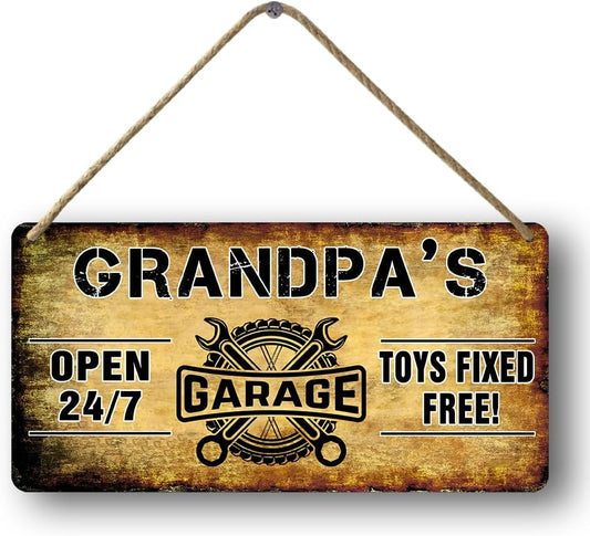 Grandpa's Garage Wooden Sign - Papa's Fix It Shop Vintage Mechanic Sign - Toys Fixed For Free - Woodworking Gift for Grandpa - 6x12 Inch