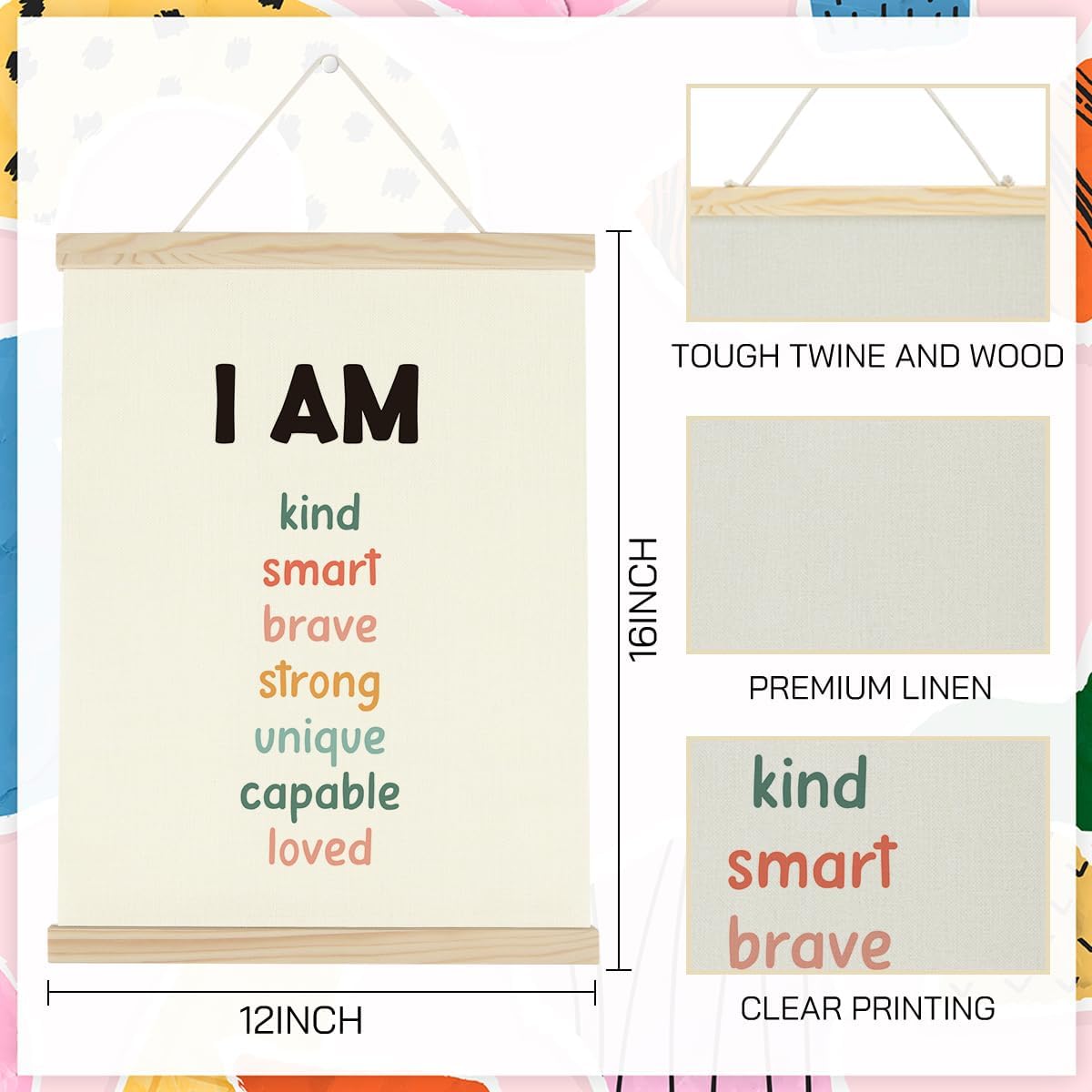 WINGTECA Affirmations for Kids Poster Hanger Frame Classroom Back to School Decorations I am Kind Smart Colorful Wall Hanging Banner Decor for Classroom Kids Room 12x16Inch
