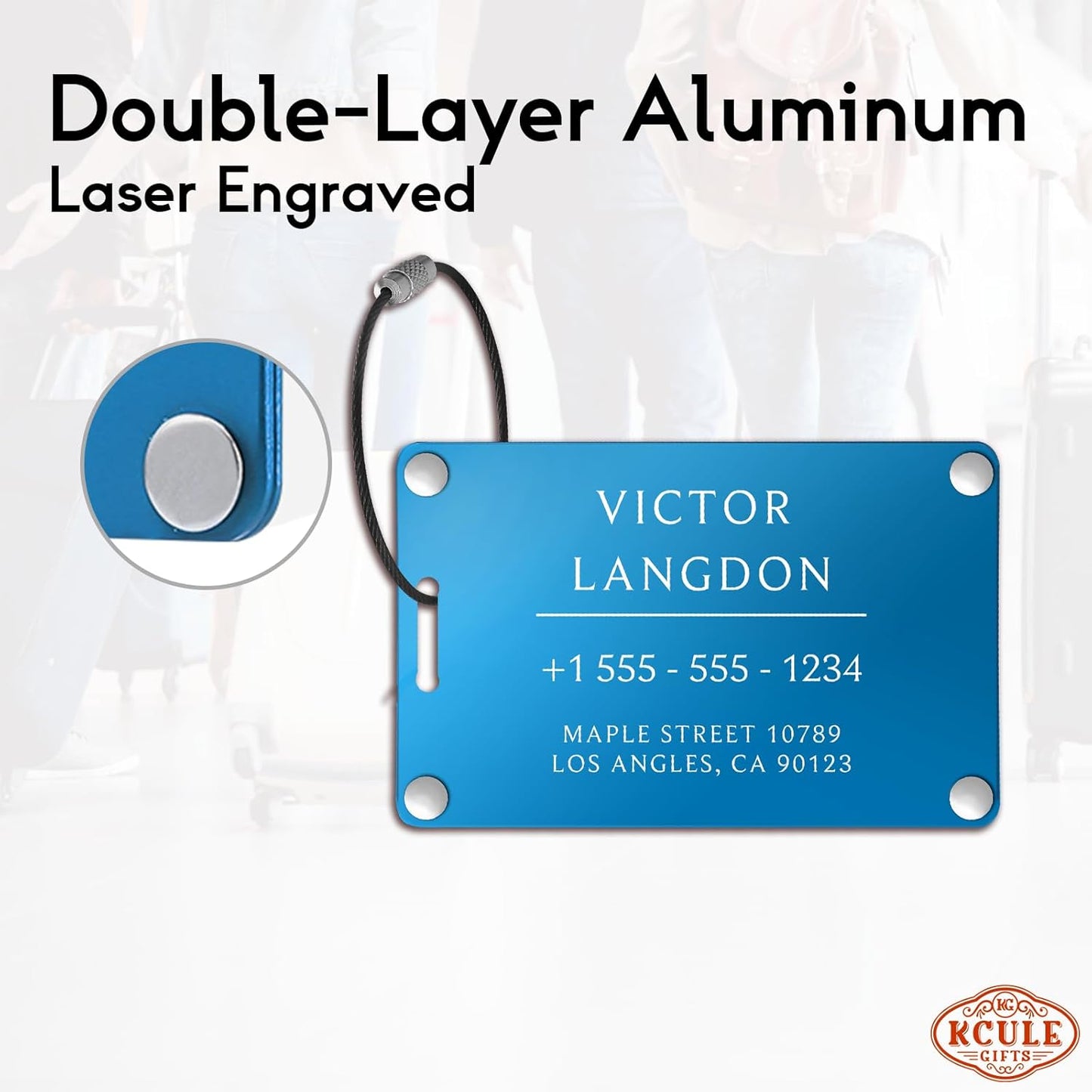 Personalized Luggage Tags for Suitcases - Aluminum Custom Luggage Tags for Backpacks & Bags, Sturdy, Waterproof & Heavy Duty (Blue/Card-Sized)