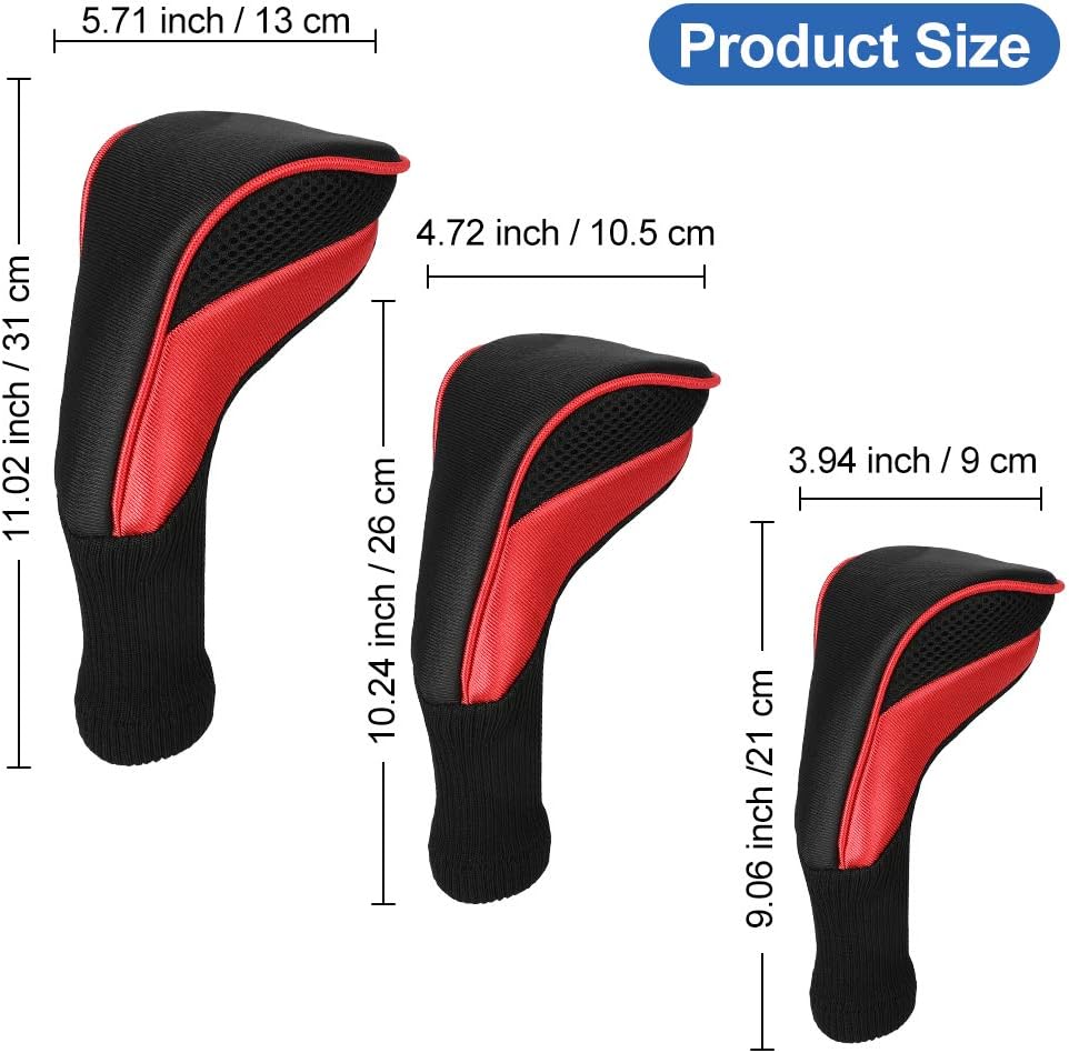 Golf Club Head Covers for Fairway Woods Driver Hybrids, 3Pcs Long Neck Mesh Golf Club Headcovers Set with Interchangeable No. Tags 3 4 5 6 7 X