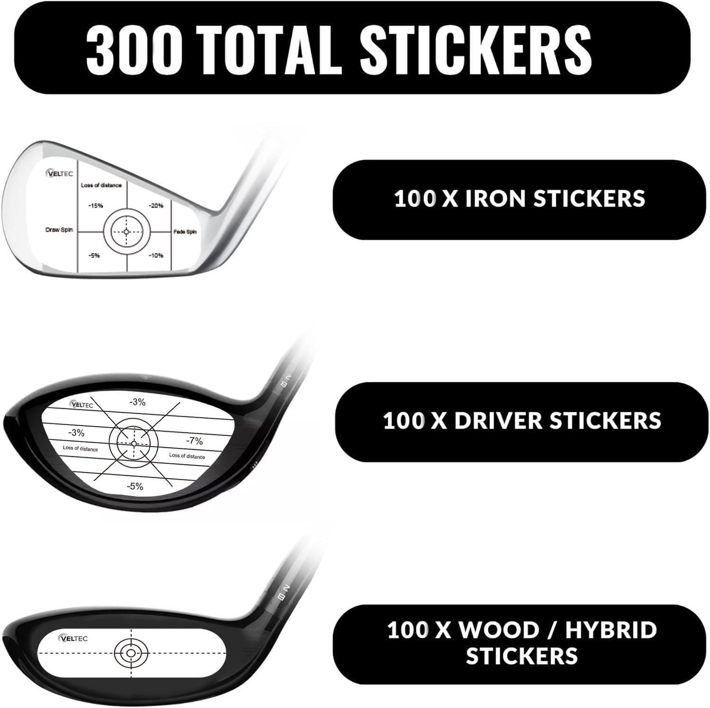 Veltec Premium Golf Impact Tape Labels, Self-Teaching Sweet Spot and Consistency Analysis, 300 Pieces (100 Wood, 100 Iron and 100 Putter), Useful Training Aid Improve Ball Striking