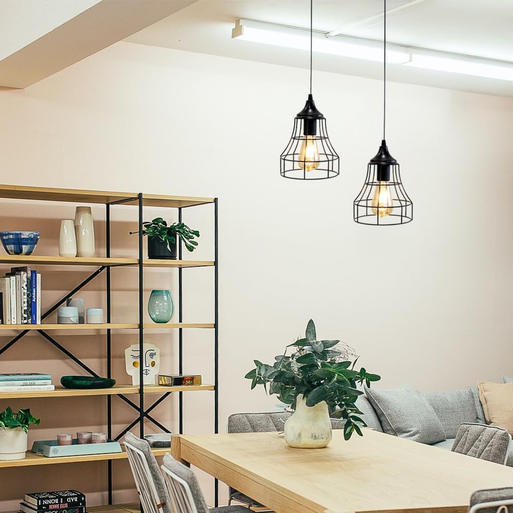 JHY DESIGN Hanging Lamp Black Battery Powered Decorative Pendant Lamp Metal Cage Battery Lamp with 6 Hours Timer for Bar Bedroom Garden Parties Patio Indoor Outdoor Living Room(Geometry)